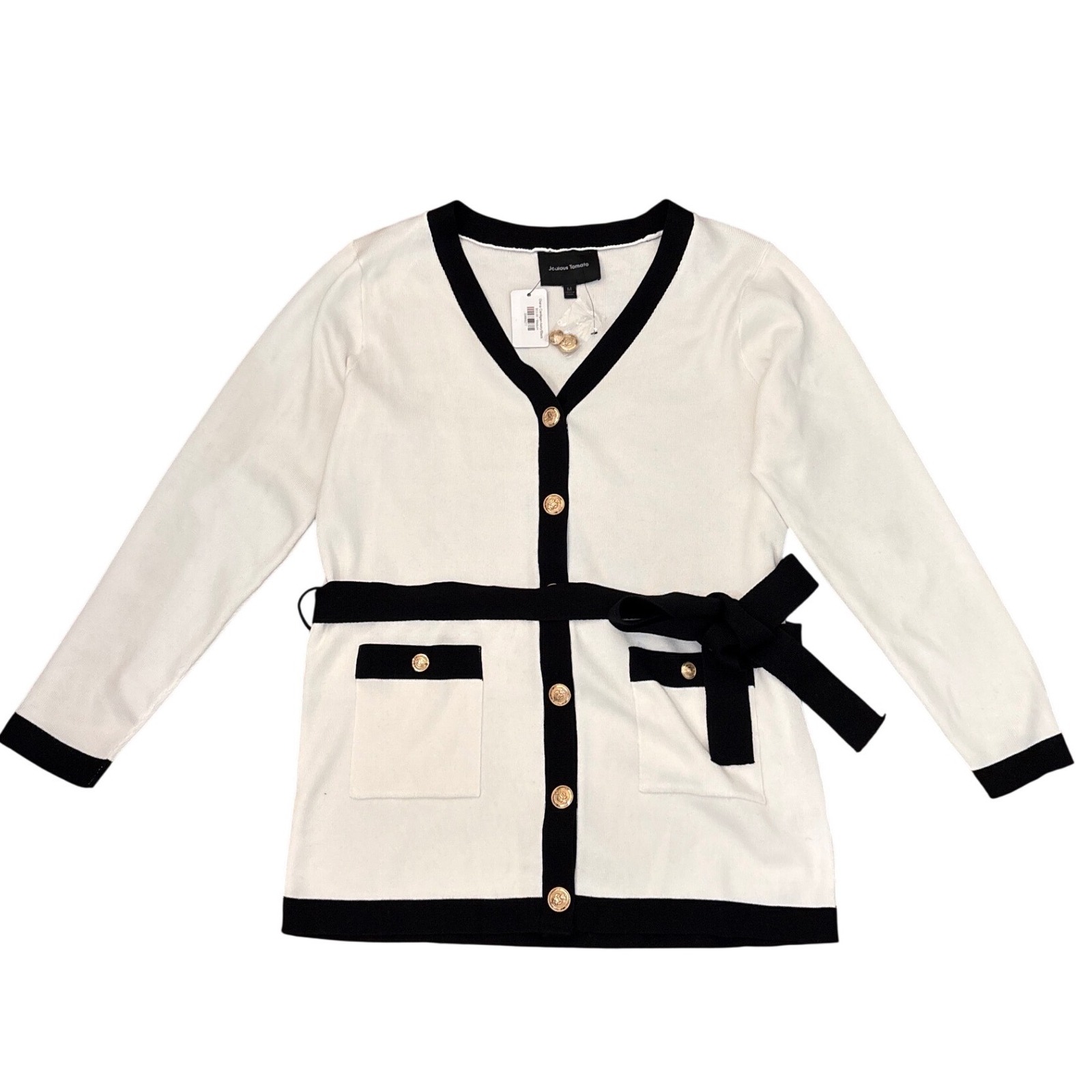 Jealous Tomato Diana Cardigan Ivory Black Gold Button Belted Knit Sweater M New